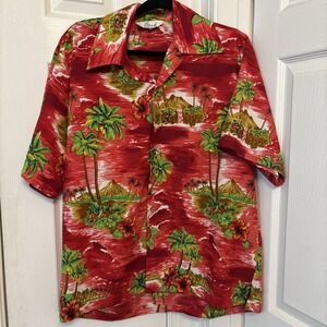 Alvish Mens Hawaiian Camp Shirt Red Volcano Palm Tree Tropical Short Sleeve M